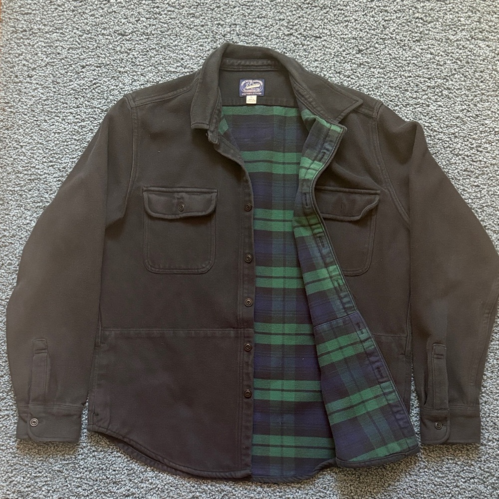 J. Crew Black Lightweight Shirt Jacket with Green & Navy Plaid Lining